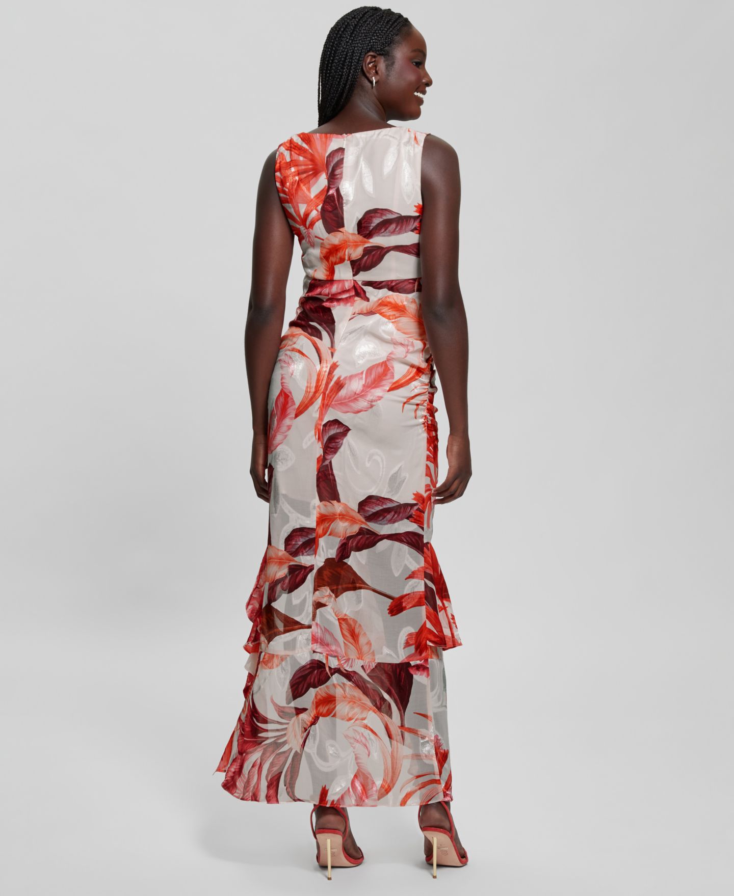 Женское платье GUESS Ava Printed Mesh Ruffled Maxi, цвет: С принтом коралловый — фото 2
