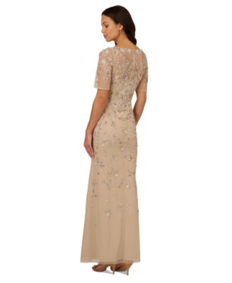 Women's V-Neck Beaded Short-Sleeve Mesh Gown