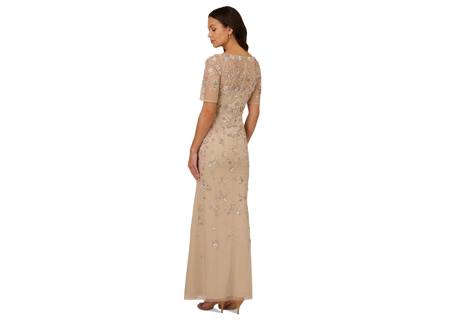 Women's V-Neck Beaded Short-Sleeve Mesh Gown