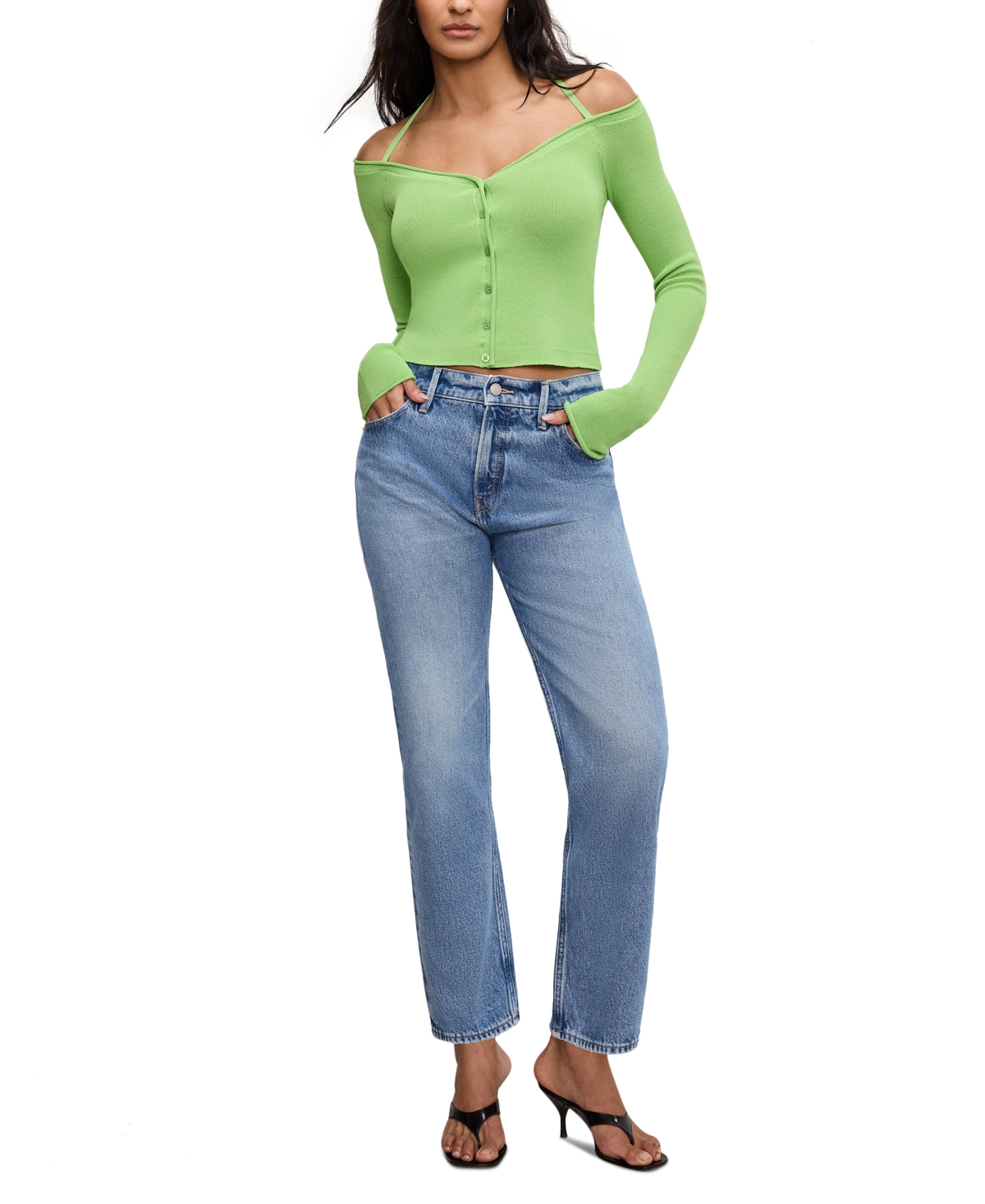 Women's Rib-Knit Off-Shoulder Long-Sleeve Top - Lime005