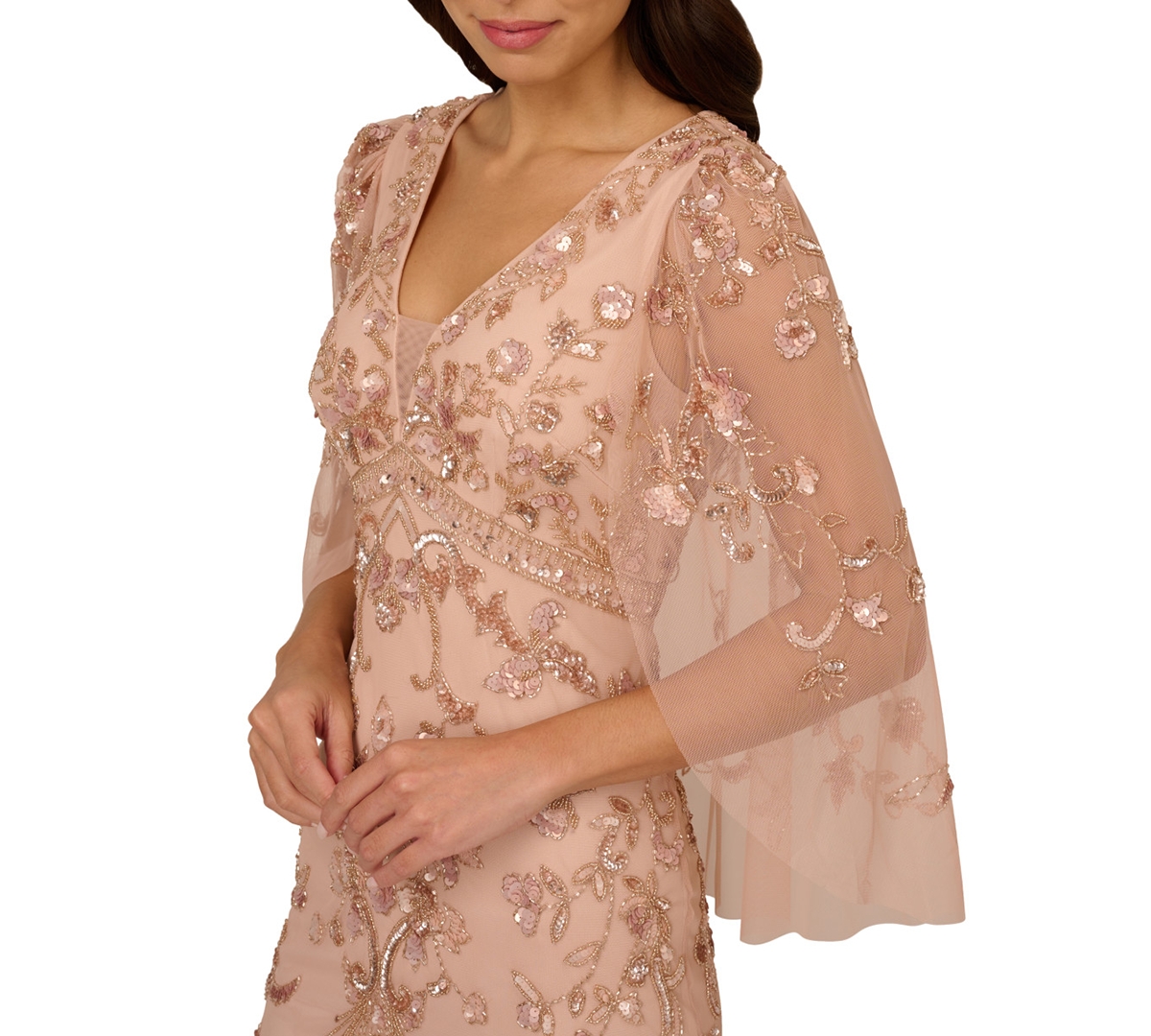 ADRIANNA PAPELL WOMEN'S BEADED CAPE-SLEEVE GOWN 