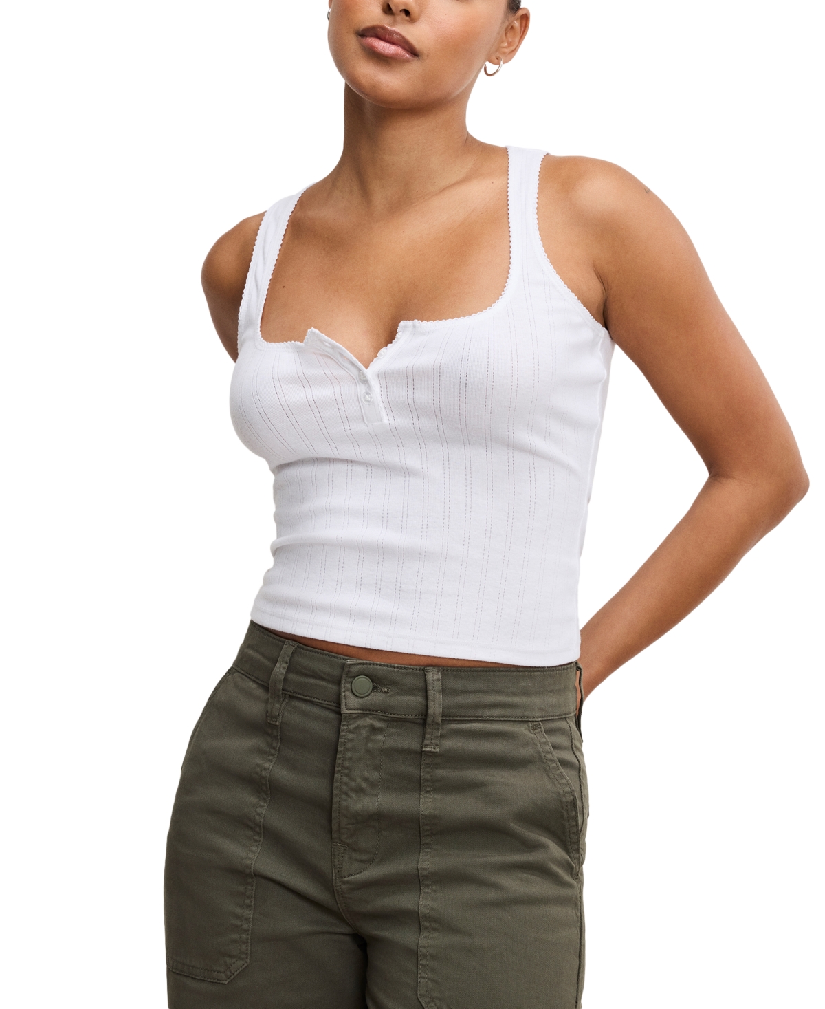 GOOD AMERICAN WOMEN'S POINTELLE SQUARE-NECK HENLEY TANK TOP 