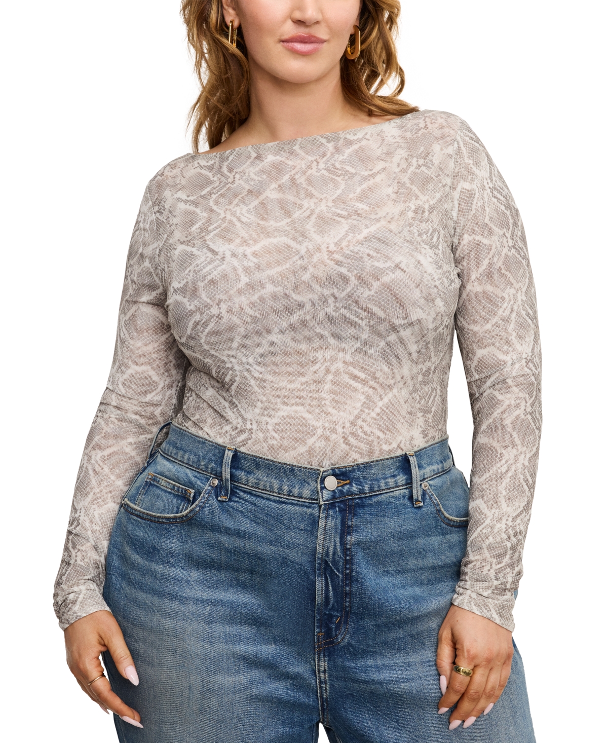 GOOD AMERICAN WOMEN'S PRINTED BOAT-NECK LONG-SLEEVE MESH BODYSUIT 