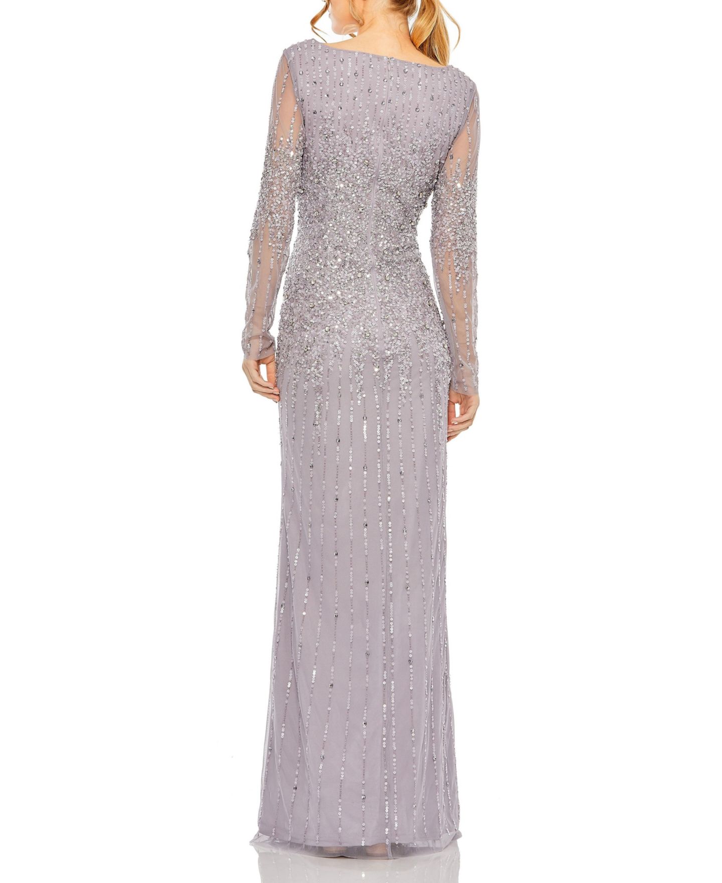Женское платье Mac Duggal High Neck Sequin Embellished Long Sleeve A Line Gown, цвет: Винтажный сиреневый — фото 3