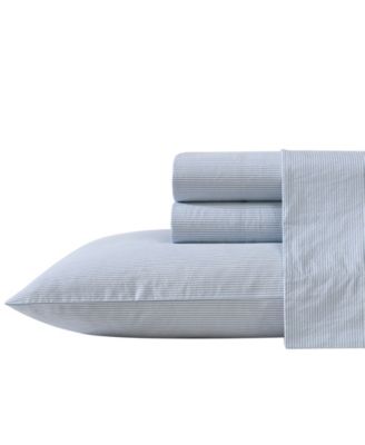 Nautica Cotton Percale 4-Piece Sheet Set, Queen - Penny Pinstripe Sea Blue, Queen Sheet Set