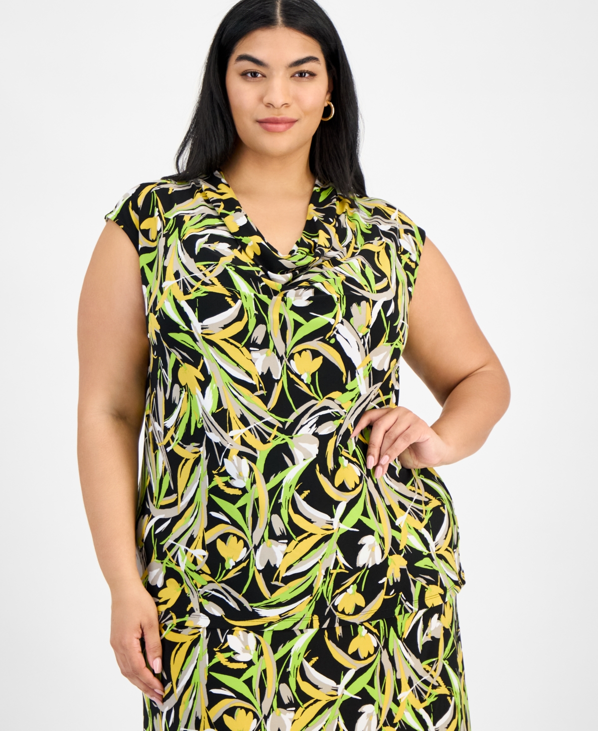 Plus Size Printed Cowlneck Blouse - Black Multi