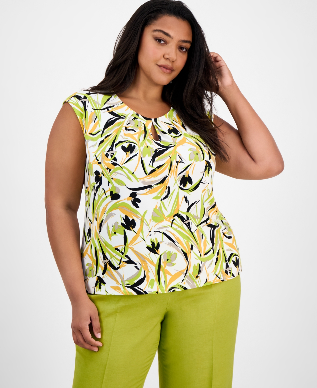 Plus Size Printed Keyhole-Neck Sleeveless Top - Lily White Multi