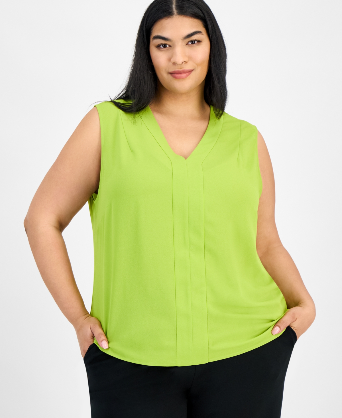 Kasper Plus Size Sleeveless V-neck Blouse In Kiwi