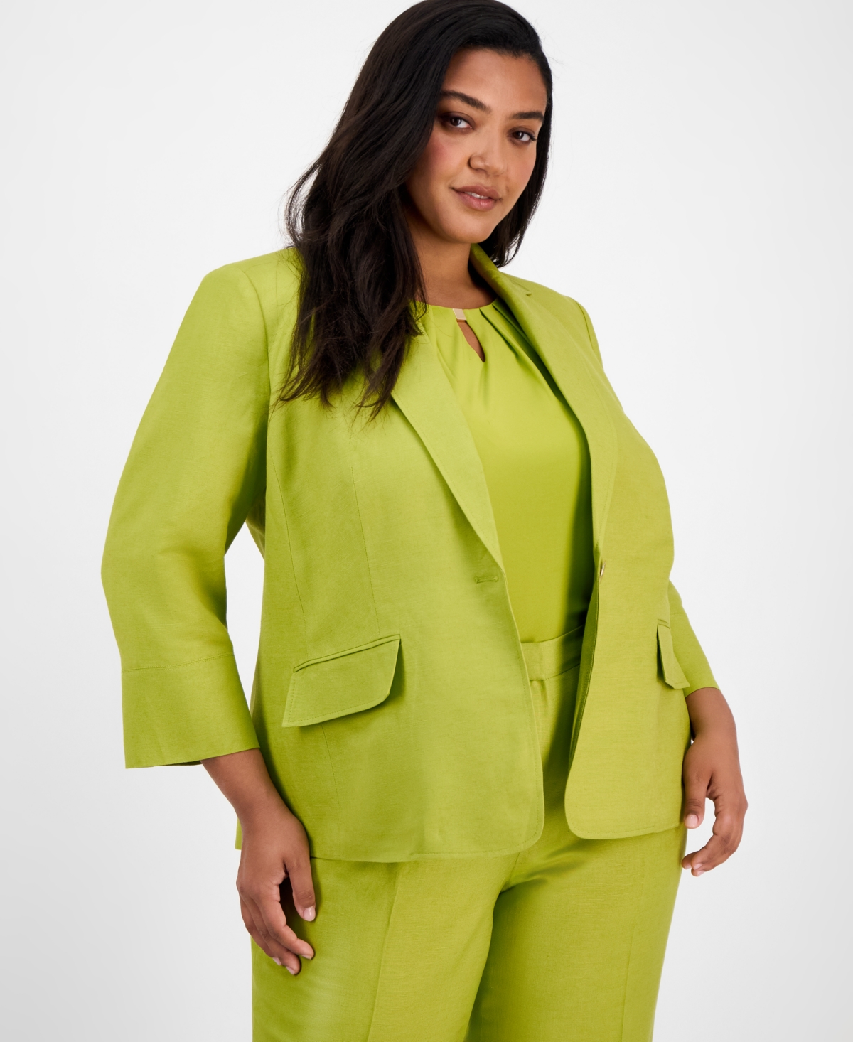 Plus Size Linen-Blend Blazer - Kiwi