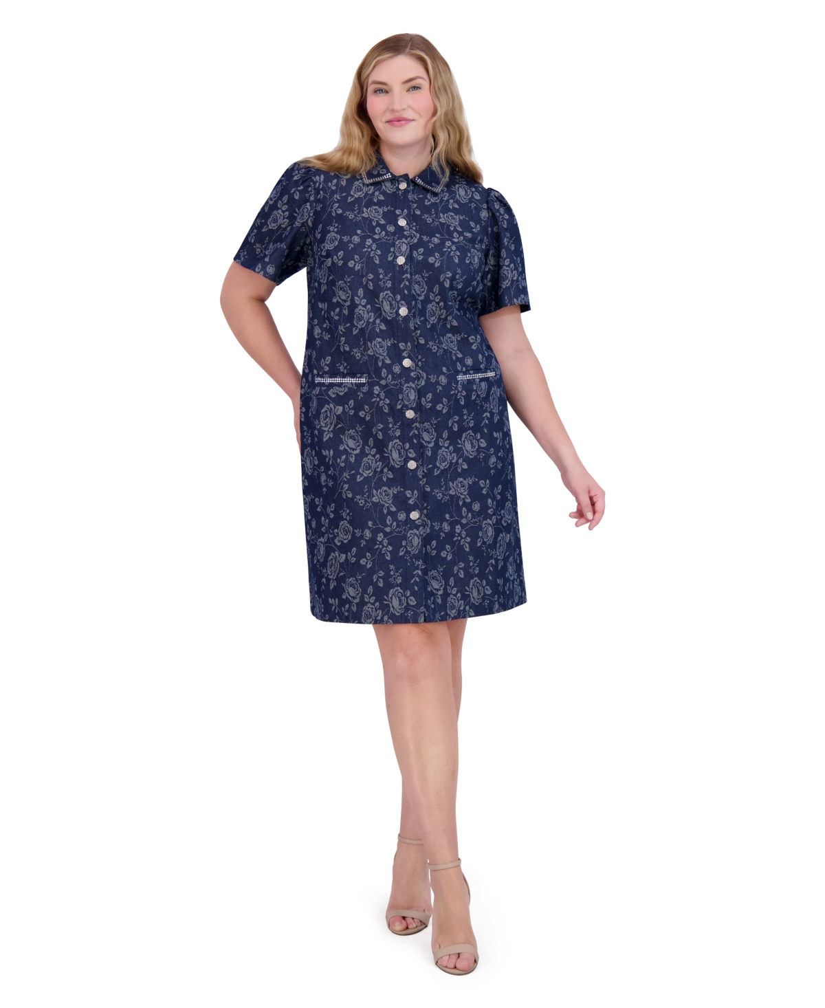 ELIZA J PLUS SIZE EMBELLISHED FLORAL DENIM SHIRTDRESS 