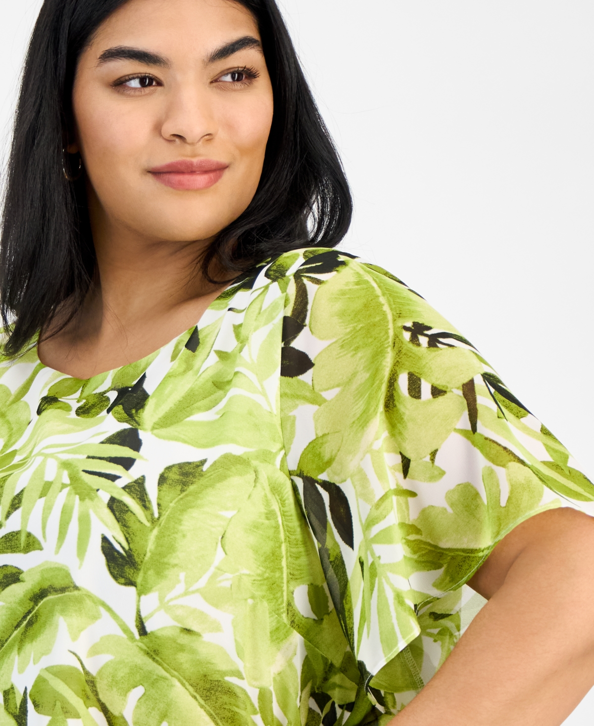 Kasper Plus Size Printed Flutter-sleeve Blouse In Kiwi Multi