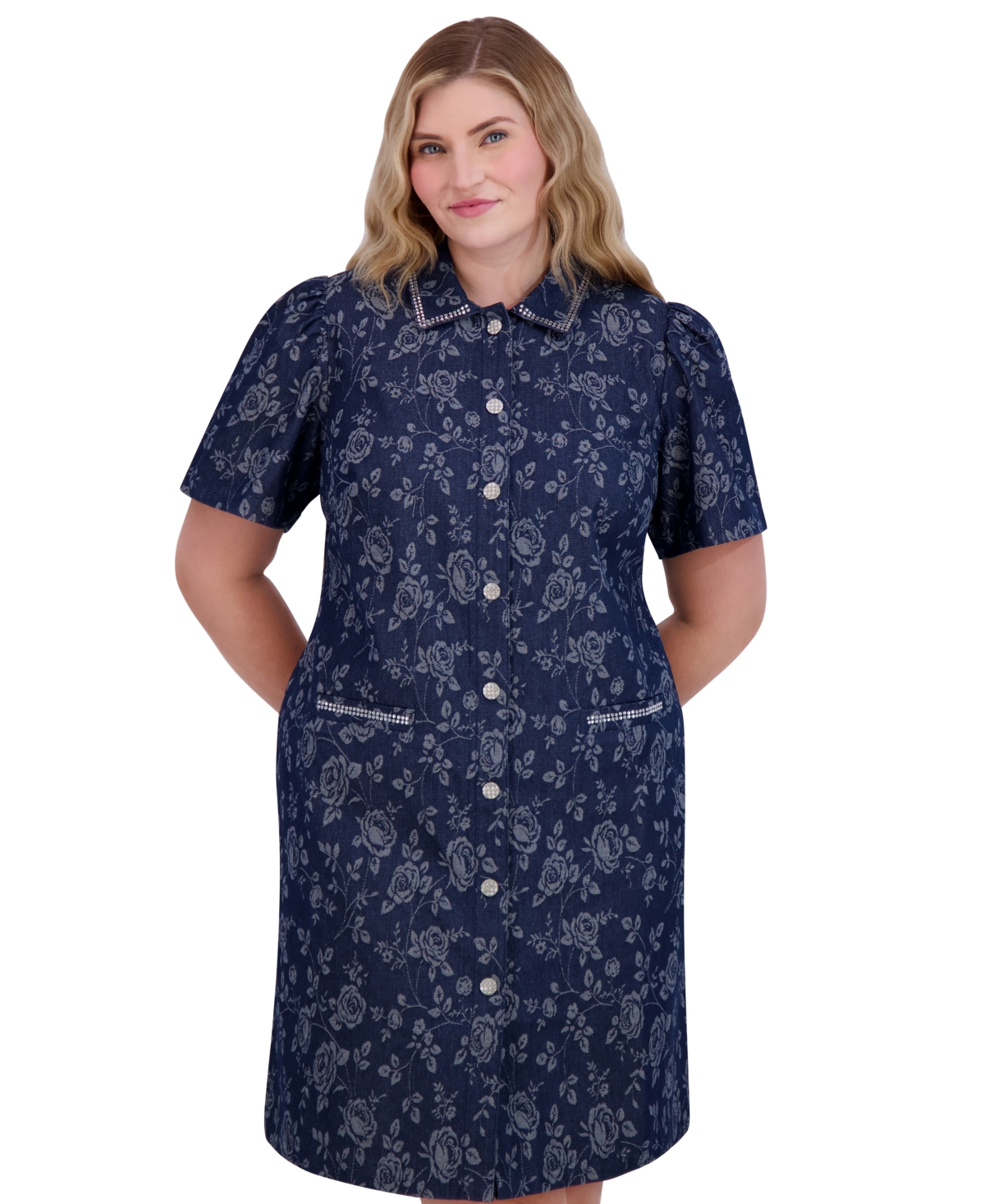 ELIZA J PLUS SIZE EMBELLISHED FLORAL DENIM SHIRTDRESS 
