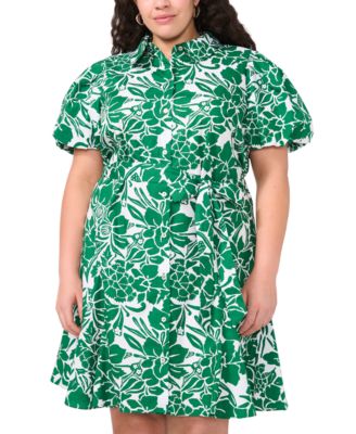 Plus Size Printed Cotton Puff-Sleeve Belted Shirtdress