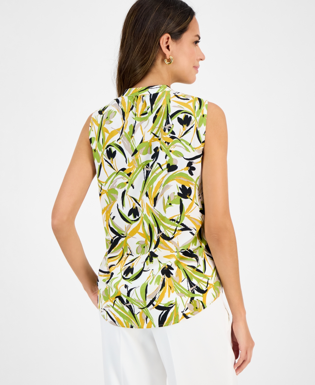 Kasper Plus Size Printed Keyhole-neck Sleeveless Top In Lily White Multi
