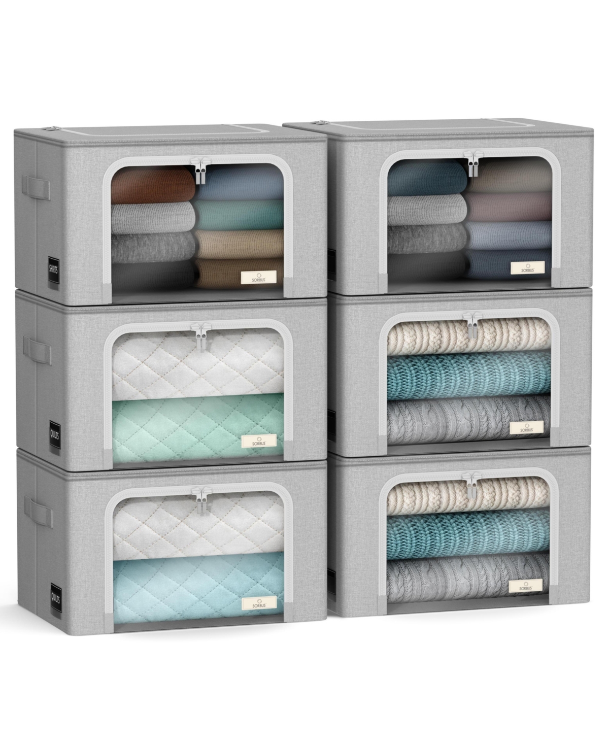 6 Pack Medium Foldable Storage Box - Metal Frame, Oxford Fabric, Large Window & Handles - Organization for Bedroom, Linens & Clothes - Grey