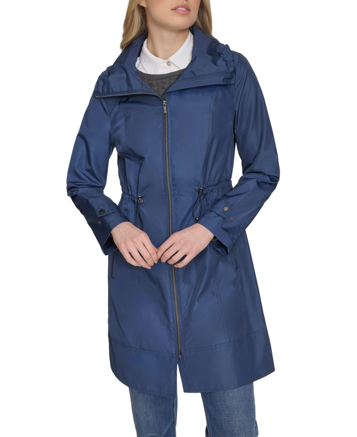 Women's 36&#x201D; Travel Packable Rain Jacket with Gold Trim - Coastal blue