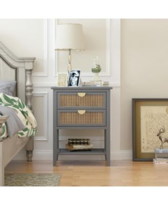 2 Drawer Nightstand Bedside Table with Rattan Drawers Side Table End Table with Storage Small Nightstand with Open Shelf for Bedroom