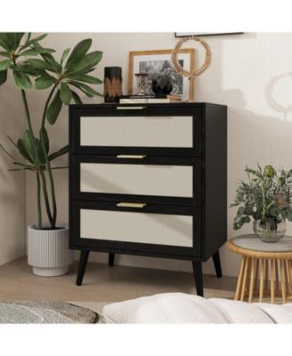 3 Drawer Storage Cabinet Rattan Dressers Chest of Drawers Entryway Cabinet Fluted Nightstand Bedside Table Dresser for Bedroom Living Room, Black