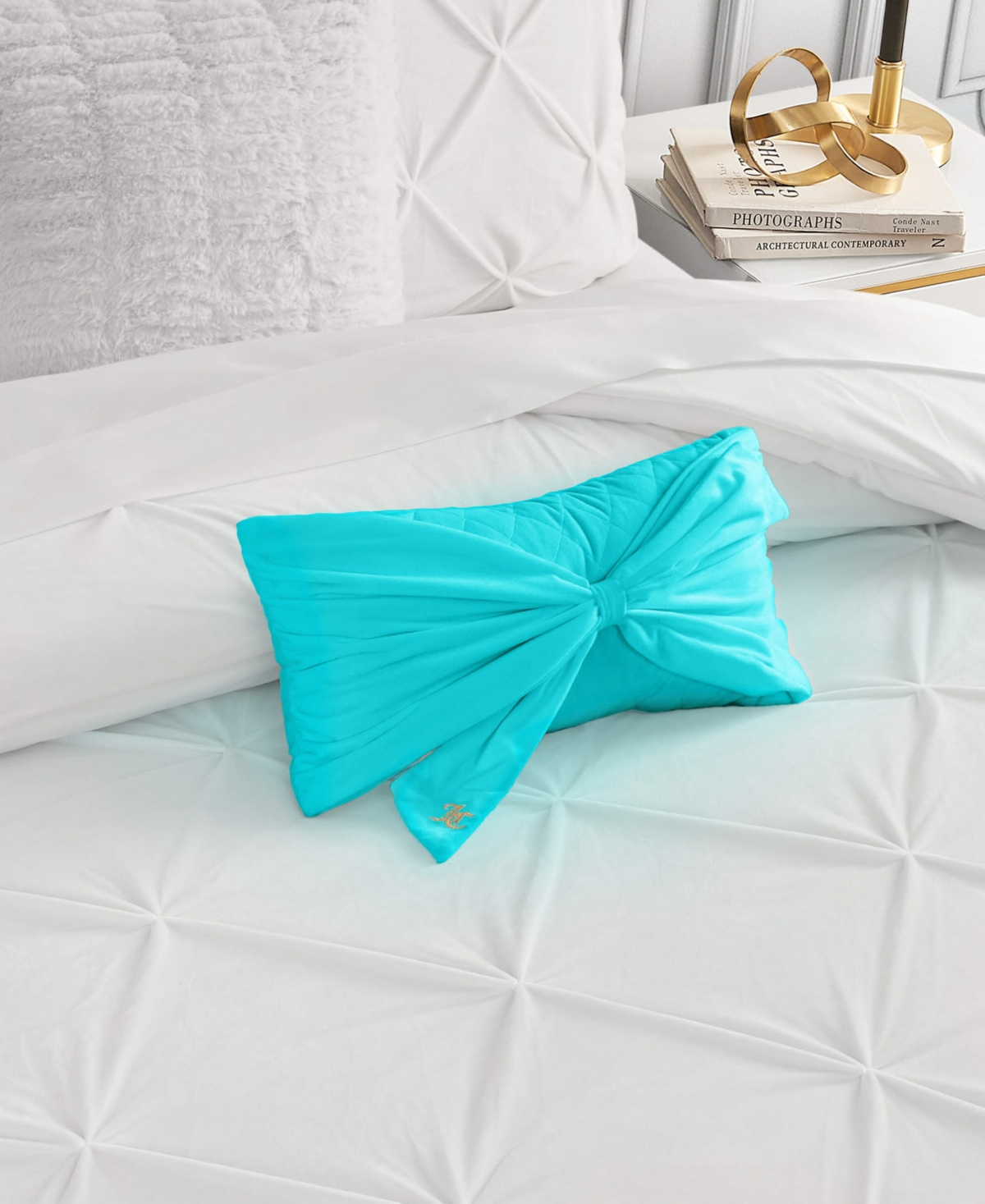 Juicy Couture Velvet Bow Decorative Pillow, 10" X 18" In Blue Crush