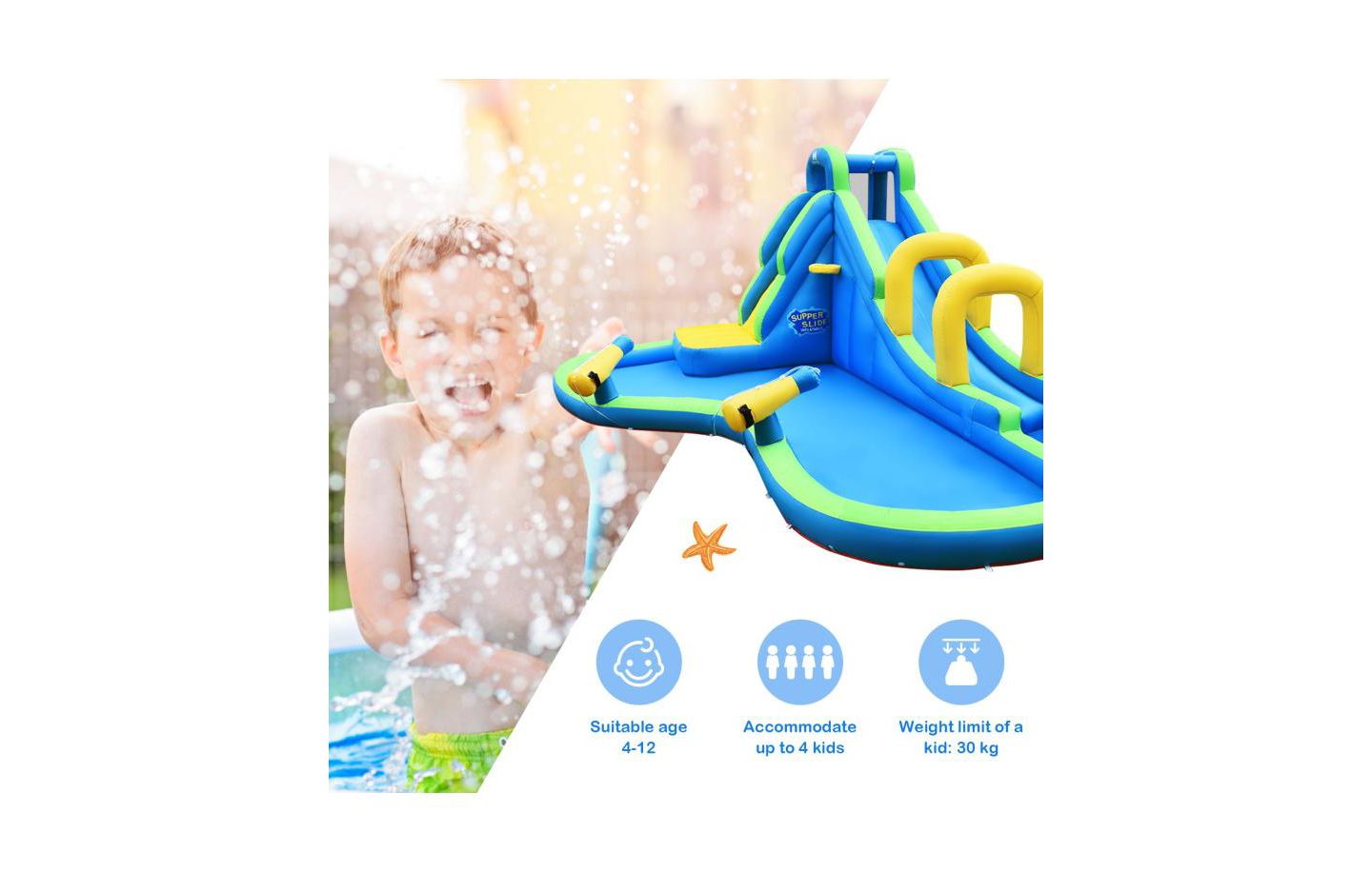 Детская игрушка Slickblue Inflatable Water Slide Bounce House with Water Cannons, 4-Kid Capacity, 4–12 лет, цвет: Синий — фото 3