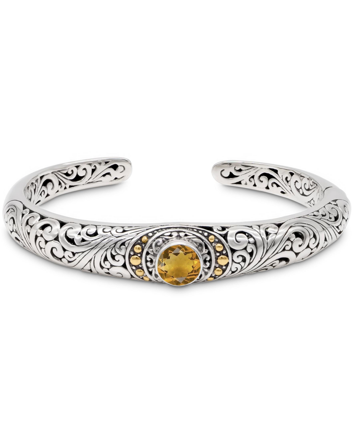 Citrine & Bali Filigree Cuff Bracelet in Sterling Silver and 18K Gold Accents, Small - Silver, gold, yellow
