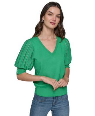 KARL LAGERFELD PARIS - Women's Puffed-Sleeve V-Neck Sweater