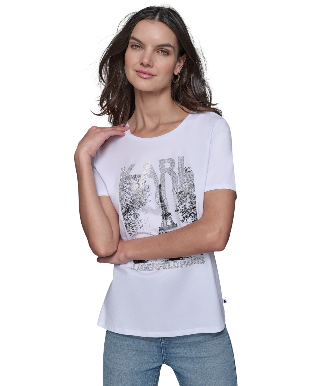 Shop Karl Lagerfeld Women's Embellished Paris Scene Graphic T-shirt In White  Silver