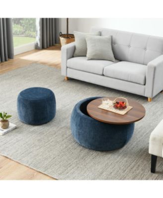 Round Storage Ottoman, 2 in 1 Function, Work as End table and Ottoman,with small seat,Dark blue(25"x25"x14.7")