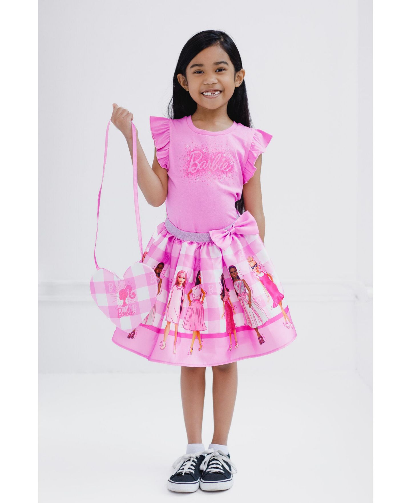 Детский комплект Barbie Little Girls T-Shirt and Skirt Set, цвет: Розовый в мелкую клетку — фото 5