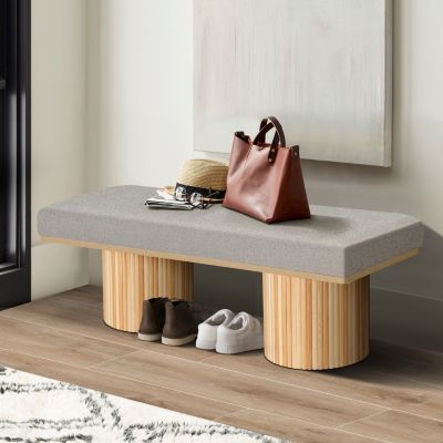 Light Grey Boucle Upholstered Bench with Chunky Legs