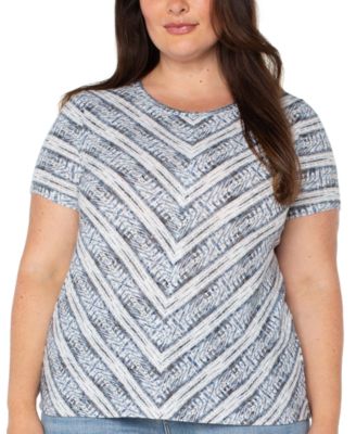 Liverpool Plus Size Ikat-Print Mitered Knit Short-Sleeve Top