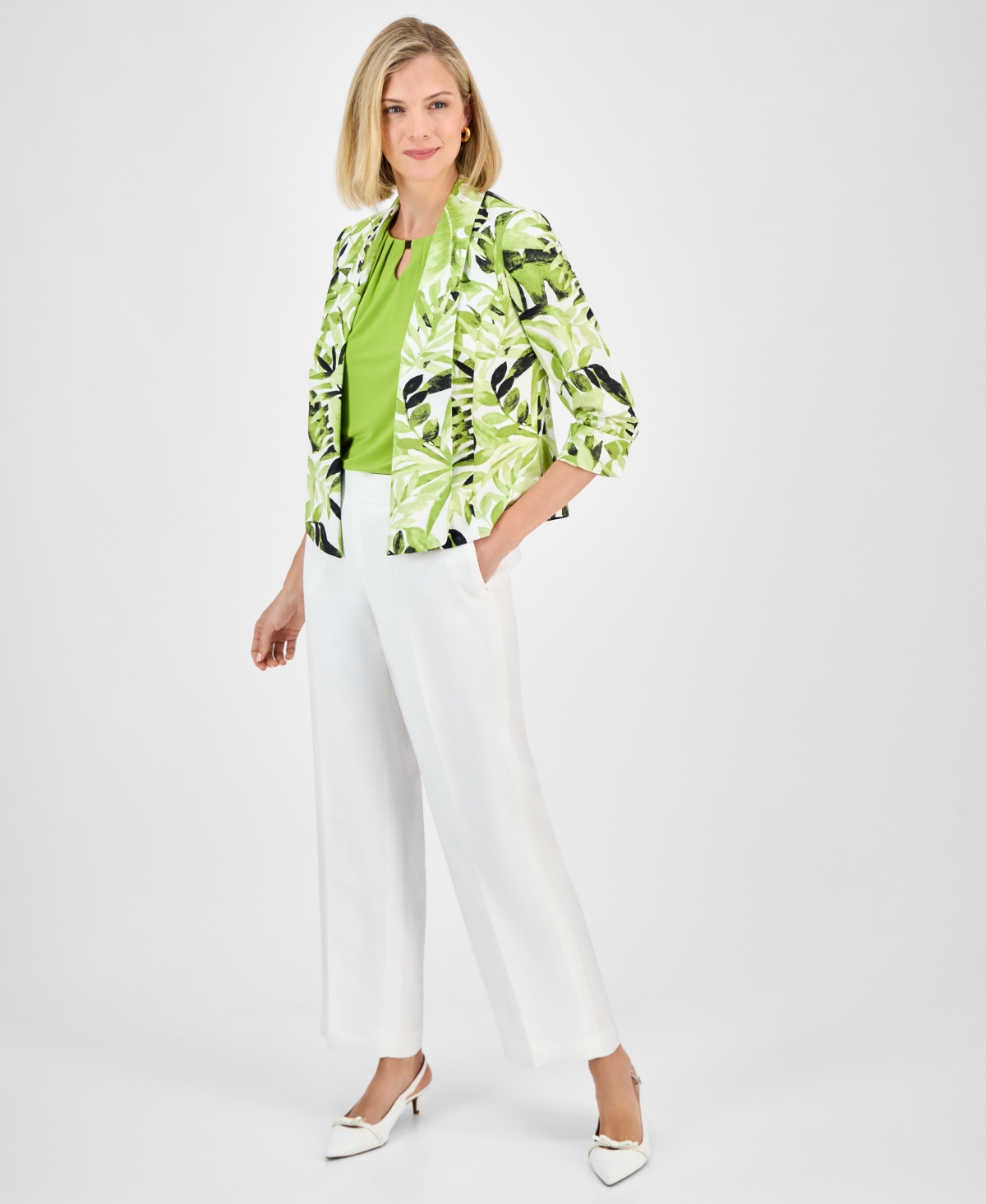 Kasper Fly Away Leaf Print Linen Blend Jacket In Kiwi Multi