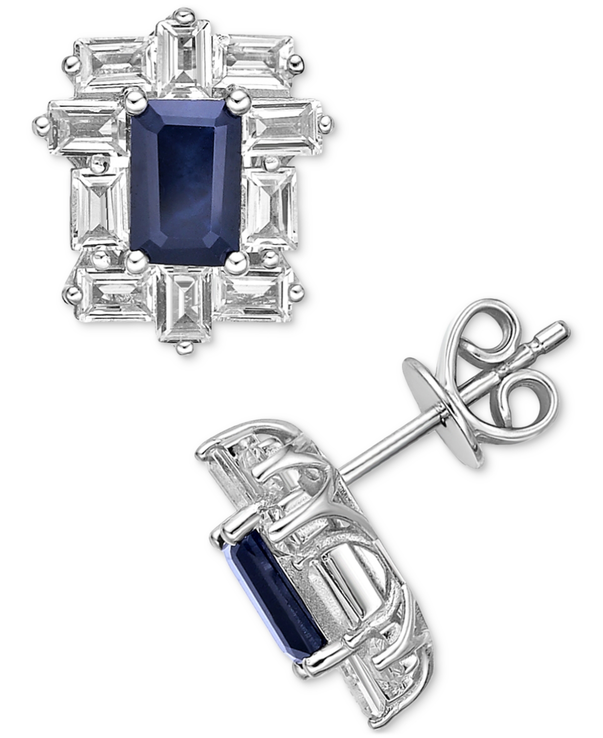 Macy's Emerald (1 Ct. T.w.) & White Topaz (2 Ct. T.w.) Baguette Halo Stud Earrings In 14k Gold-plated Sterl In Sapphire