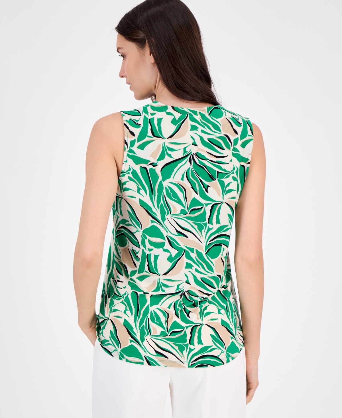 Anne Klein Leaf Print Pleat Front Shell In Tropical Green Multi