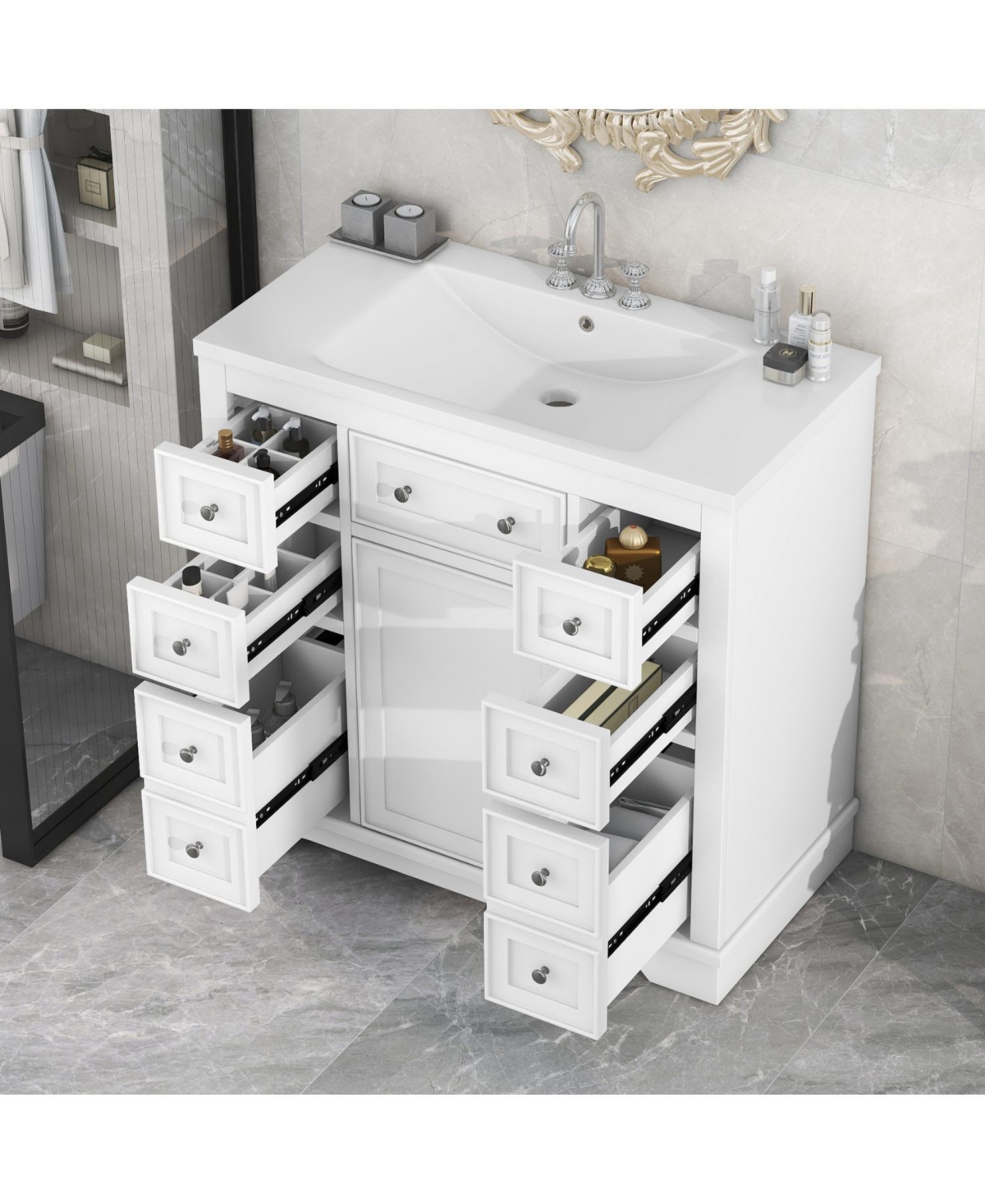 Streamdale 36" Bathroom Vanity with Sink Combo, One Cabinet and Six Drawers, Solid Wood and Mdf Board, White