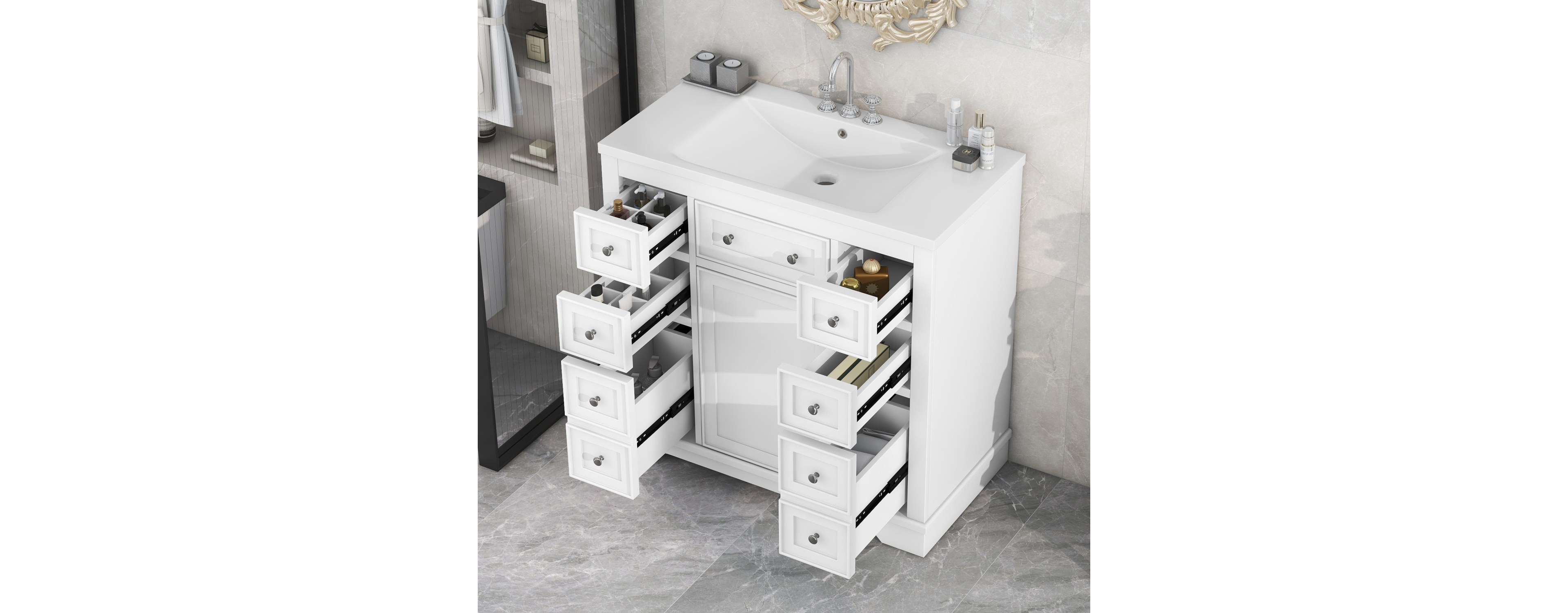 Streamdale 36" Bathroom Vanity with Sink Combo, One Cabinet and Six Drawers, Solid Wood and Mdf Board, White