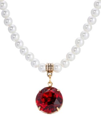 Red Crystal Drop Faux Cultivated Pearl Chain Necklace