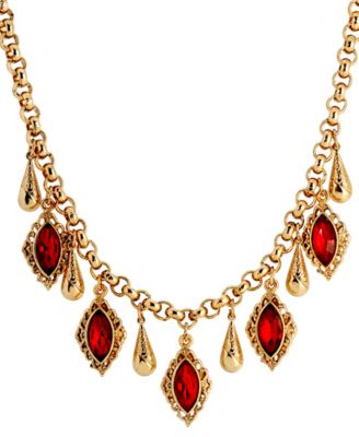 14K Gold Dipped Red Glass Navette Drop Necklace