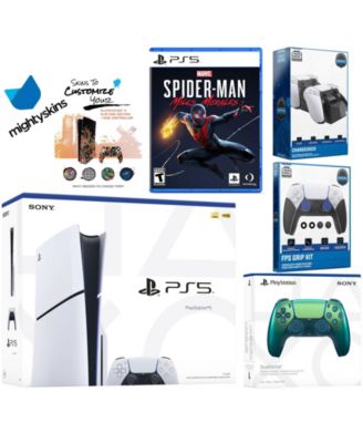 Playstation 5 Slim Disc Bundle with Spider-Man: Miles Morales, Extra Cosmic Red Controller, FPS Grip Kit, Dual Charge Dock and MightySkins Decal