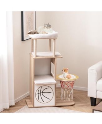 Cat Tree with 2-Story Condo, Basketball Hoop & Hammock Fun Multi-Level Play Tower for Cats