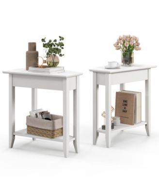 2-Tier Wedge Narrow End Table with Storage Shelf and Solid Wood Legs