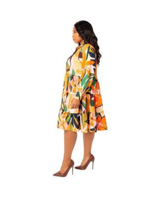Plus Size Floral Long Sleeve Tiered Shirt Dress