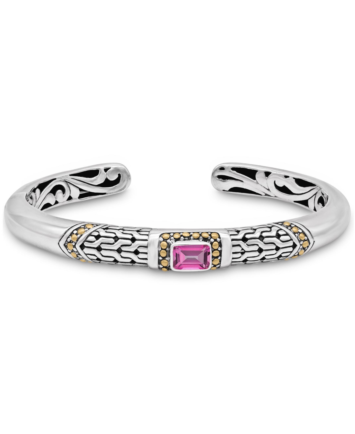 Pink Topaz & Bali Cuff Bracelet in Sterling Silver and 18K Gold Accents, Small - Silver, gold, pink