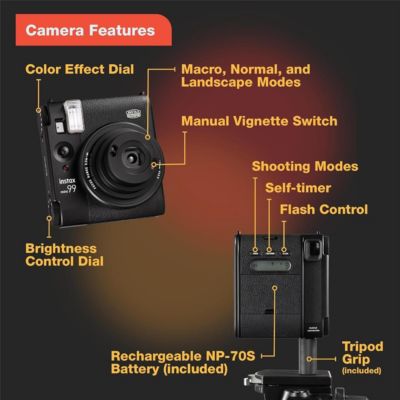 Instax Mini 99 Instant Film Camera, Matte Black, Bundle with 2x Instant Daylight Film Pack and Slinger Photo Album