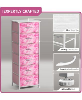 Narrow 6 Drawers Nightstand with Steel Frame, Wood Top, Easy Pull Fabric Bins