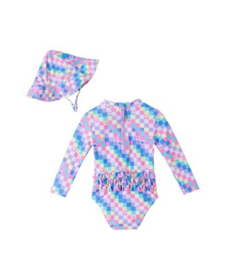 Infant Check Print Ruffle Back Rashguard w/Hat