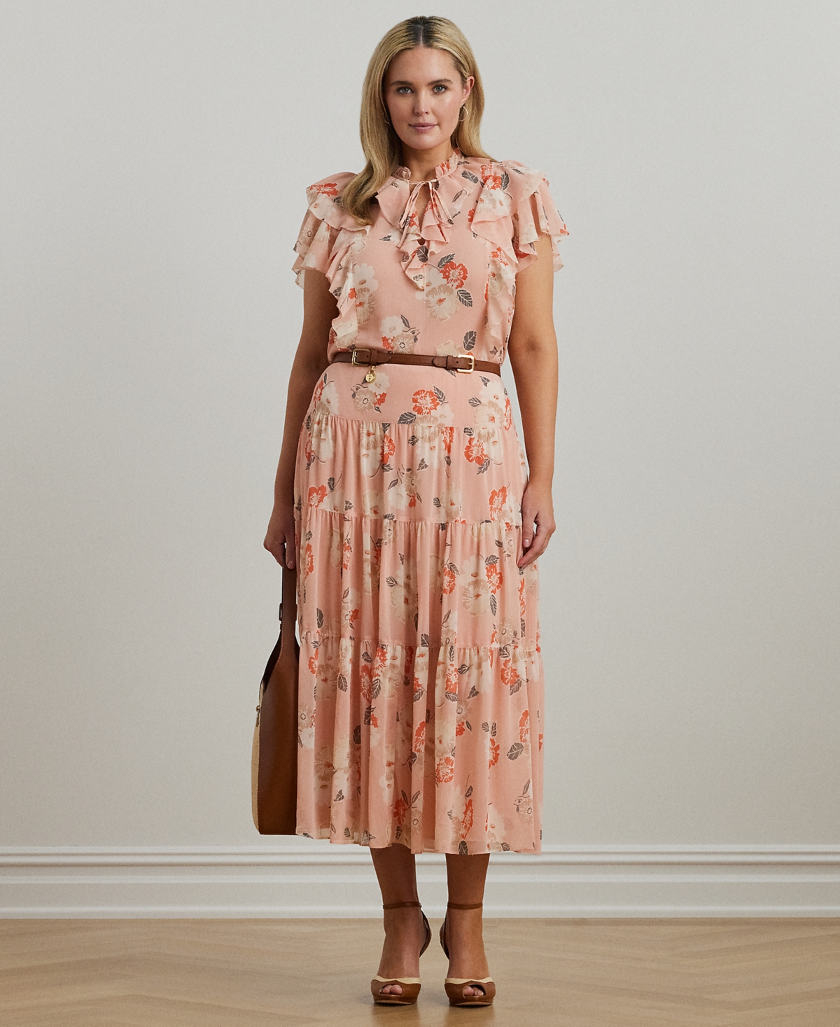 RALPH LAUREN PLUS SIZE FLORAL CRINKLE GEORGETTE TIERED SKIRT 