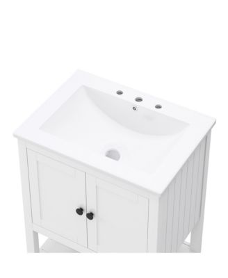 24" White Bathroom Vanity with Elegant Ceramic Sink, Solid Wood Frame & Open Shelf