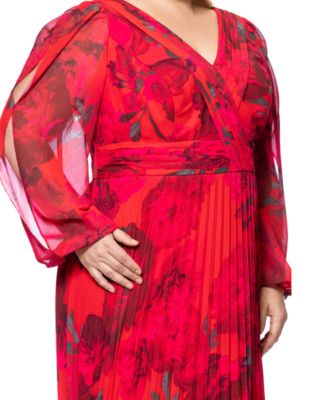 Plus Size Printed Pleated Long-Sleeve Gown