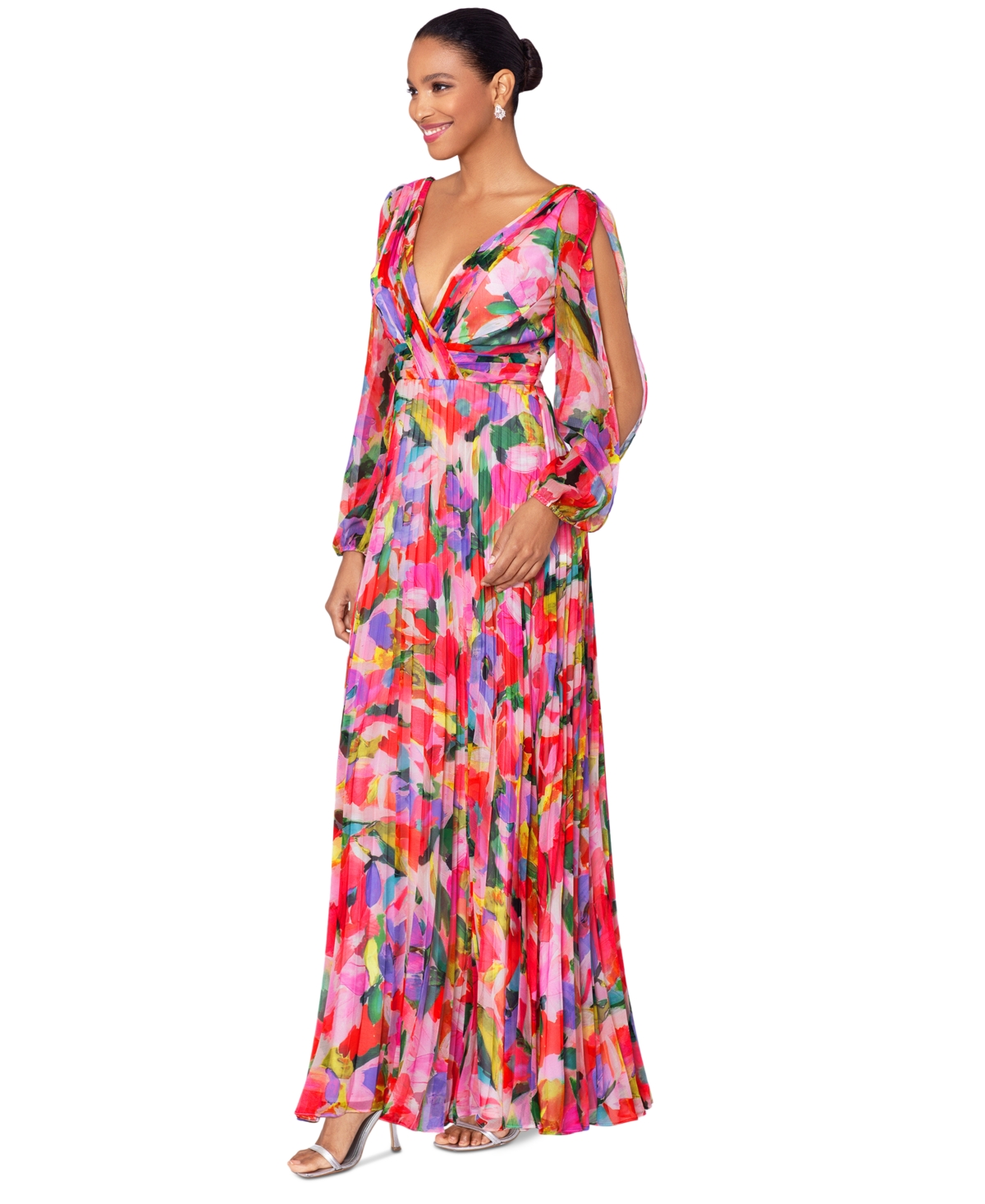 Shop Betsy & Adam Petite Printed Pleated Chiffon Dress In Multi